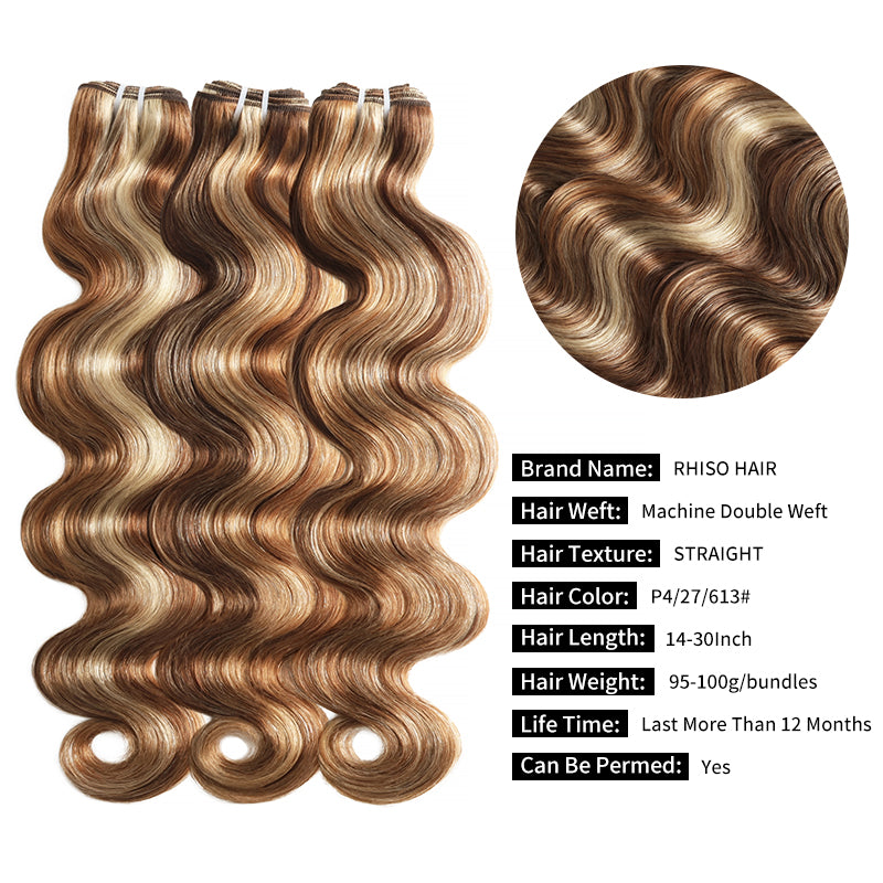 RhisoHair Mix Brown P4/27/613 Highlight Body Wave 3 Bundles with 5x5 Lace Closure Virgin Human Hair Bundles Double Weft Honey Blonde Weave for Women