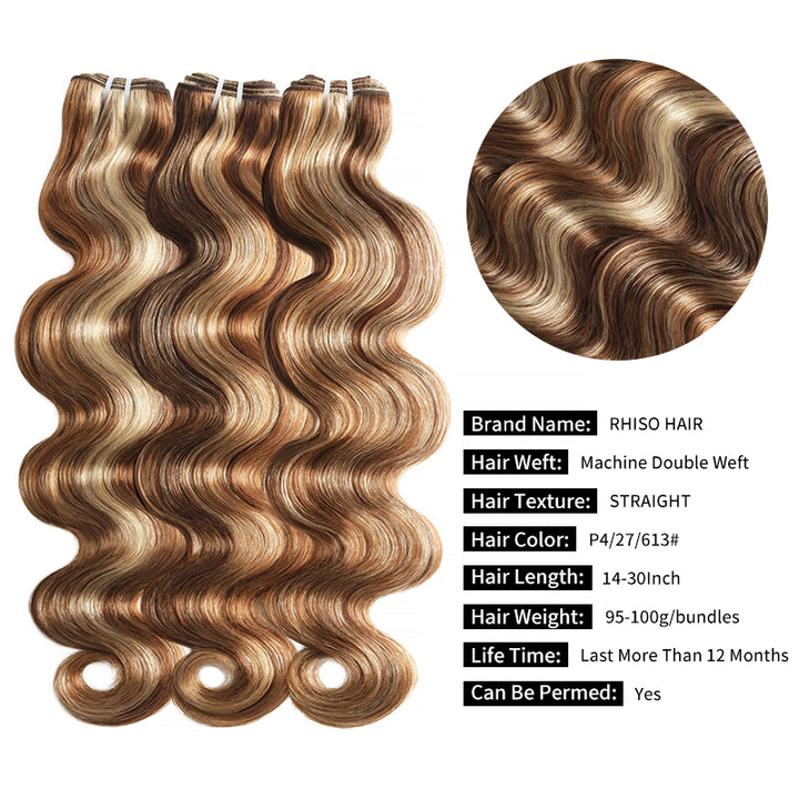 RhisoHair Mix Brown P4/27/613 Highlight Body Wave 3 Bundles with 5x5 Lace Closure Virgin Human Hair Bundles Double Weft Honey Blonde Weave for Women