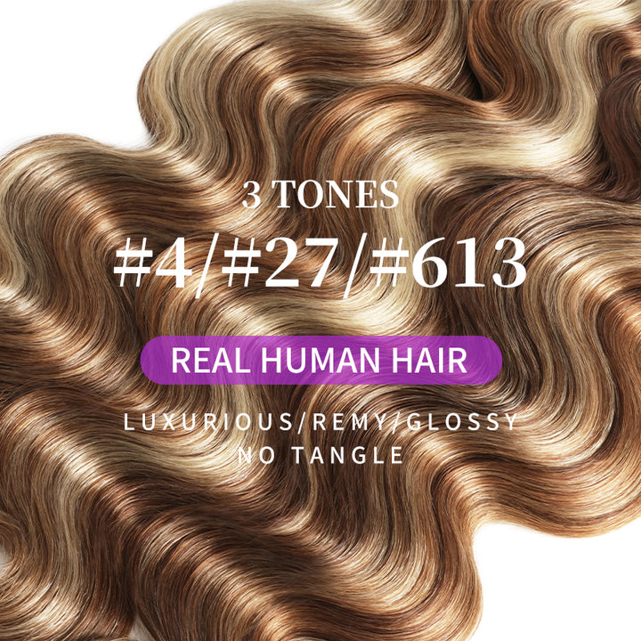 RhisoHair Mix Brown P4/27/613 Highlight Body Wave 3 Bundles with 5x5 Lace Closure Virgin Human Hair Bundles Double Weft Honey Blonde Weave for Women