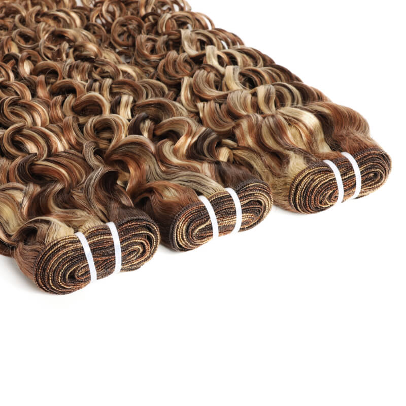 RhisoHair Mix Brown P4/27/613 Highlight Water Wave 3 Bundles with 5x5 Lace Closure Virgin Human Hair Bundles Double Weft Honey Blonde Weave for Women