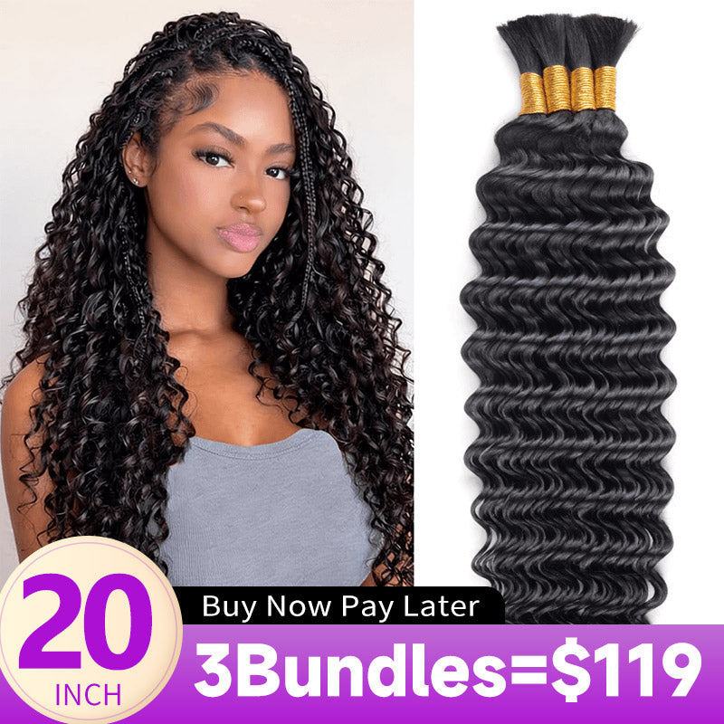 3Packs Natural Black Bulk Human Hair For Braiding Deep Curly Wave Hair Bundles for Boho Braids