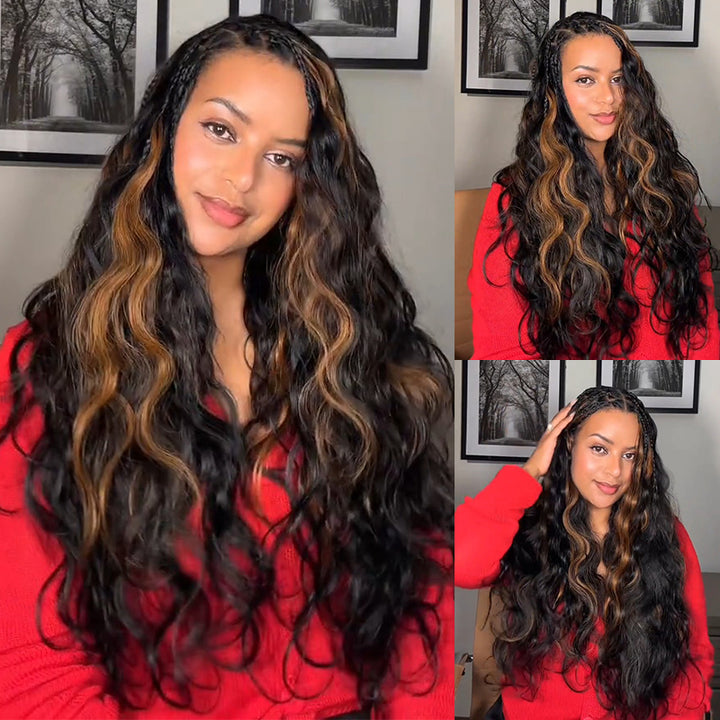 RhisoHair 3Packs Natural Black With 2Packs #30 Copper Brown Body Wave Highlight Crochet Hair Machine Made Feather Human Hair Extension