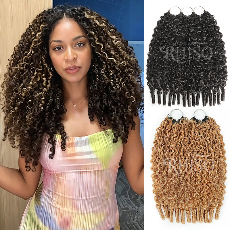 RhisoHair 3Packs #27 Honey Blonde With 2Packs Natural Black Burmese Curly Highlight Miracle Knots Boho Braids Crochet Feather Human Hair Extension