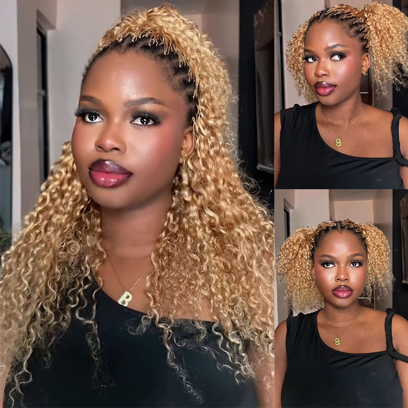 P27/613 Mix Blonde Highlight Burmese Curly Crochet Human Hair Miracle Konts Feather Human Hair Extension
