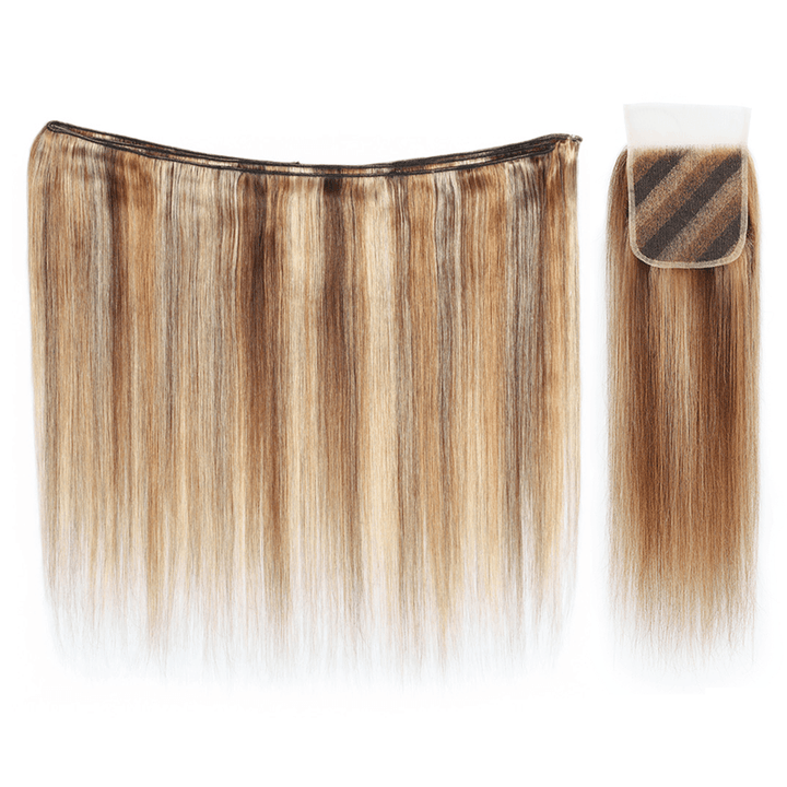 RhisoHair Mix Brown P4/27/30 Highlight Straight 3 Bundles with 5x5 Lace Closure Virgin Human Hair Bundles Double Weft Honey Blonde Weave for Women