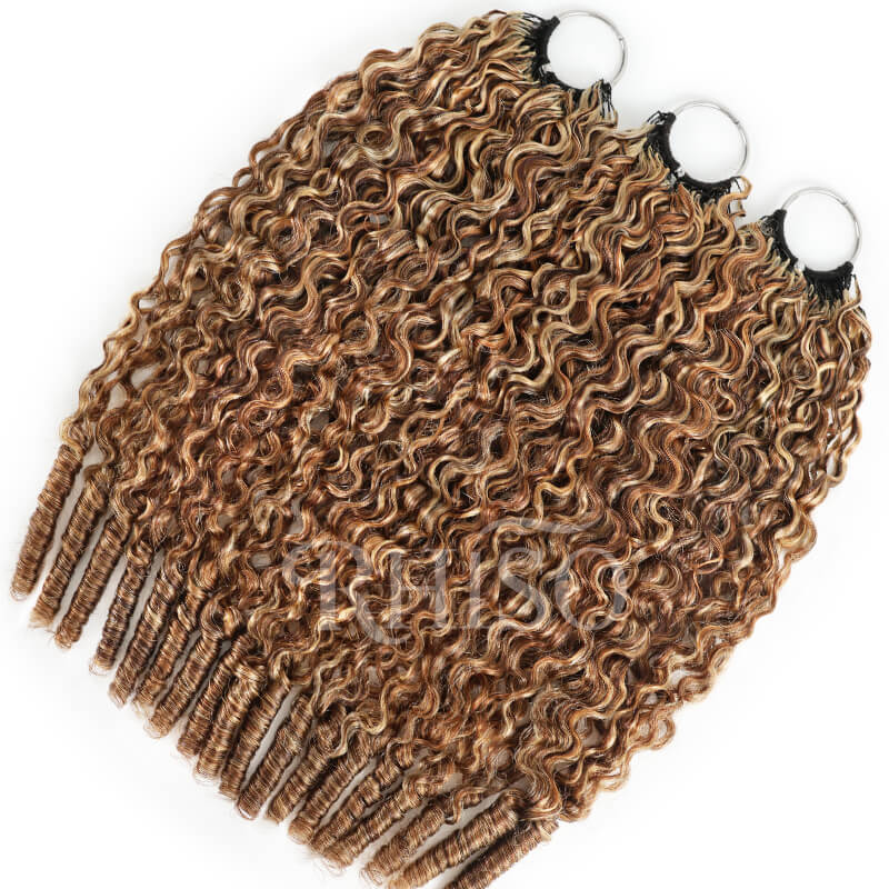 RhisoHair P4/27/613 Honey Blonde Highlight Burmese Curly Crochet Hair Machine Made Feather Human Hair Extension