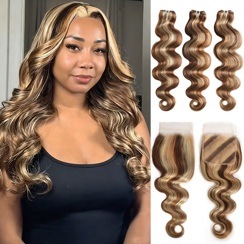 RhisoHair Mix Brown P4/27/613 Highlight Body Wave 3 Bundles with 5x5 Lace Closure Virgin Human Hair Bundles Double Weft Honey Blonde Weave for Women