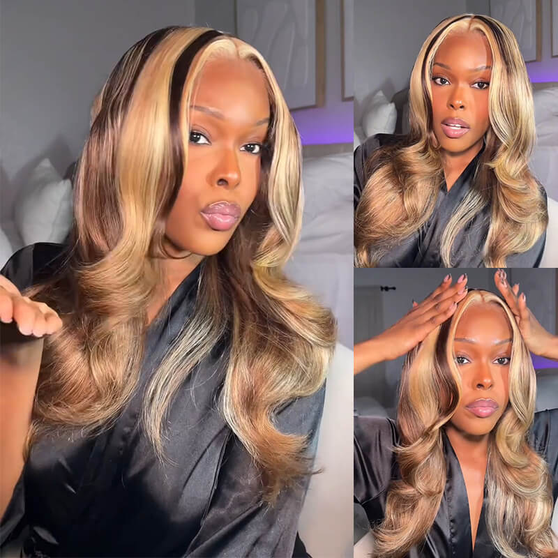 RhisoHair Mix Brown P4/27/613 Highlight Body Wave Wig 5x5 Pull To Go Glueless Human Hair Wig With Invisible Adjustable Drawstring 300% Density