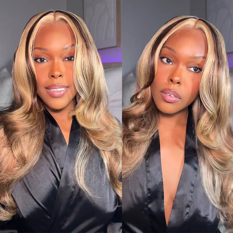 RhisoHair Mix Brown P4/27/613 Highlight Body Wave Wig 5x5 Pull To Go Glueless Human Hair Wig With Invisible Adjustable Drawstring 300% Density