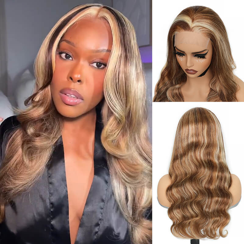 RhisoHair Mix Brown P4/27/613 Highlight Body Wave Wig 5x5 Pull To Go Glueless Human Hair Wig With Invisible Adjustable Drawstring 300% Density