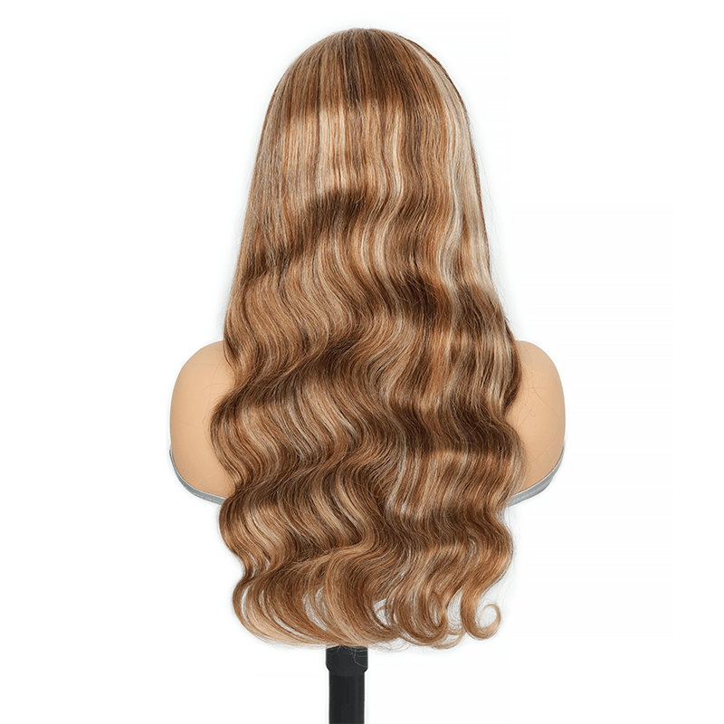 RhisoHair Mix Brown P4/27/613 Highlight Body Wave Wig 5x5 Pull To Go Glueless Human Hair Wig With Invisible Adjustable Drawstring 300% Density