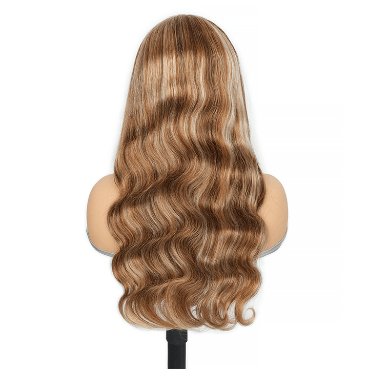 RhisoHair Mix Brown P4/27/613 Highlight Body Wave Wig 5x5 Pull To Go Glueless Human Hair Wig With Invisible Adjustable Drawstring 300% Density