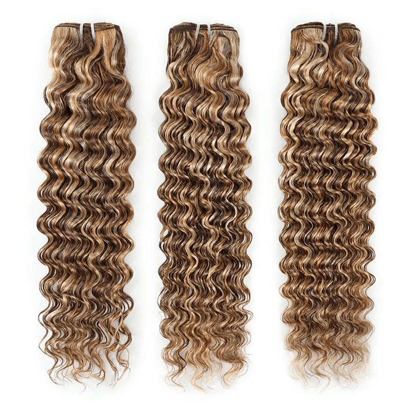 3Bundles P4/27/613 Mix Brown Highlight Deep Wave Human Hair Extension 100% Brazilian Virgin Remy Hair Weft-RhisoHair
