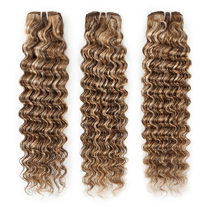 3Bundles P4/27/613 Mix Brown Highlight Deep Wave Human Hair Extension 100% Brazilian Virgin Remy Hair Weft-RhisoHair