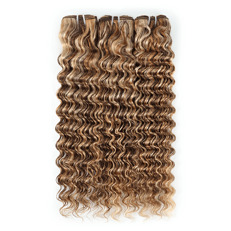 3Bundles P4/27/613 Mix Brown Highlight Deep Wave Human Hair Extension 100% Brazilian Virgin Remy Hair Weft-RhisoHair