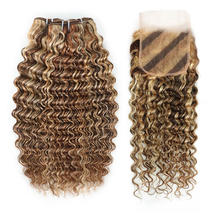 RhisoHair Mix Brown P4/27/613 Highlight Deep Wave 3 Bundles with 5x5 Lace Closure Virgin Human Hair Bundles Double Weft Honey Blonde Weave for Women