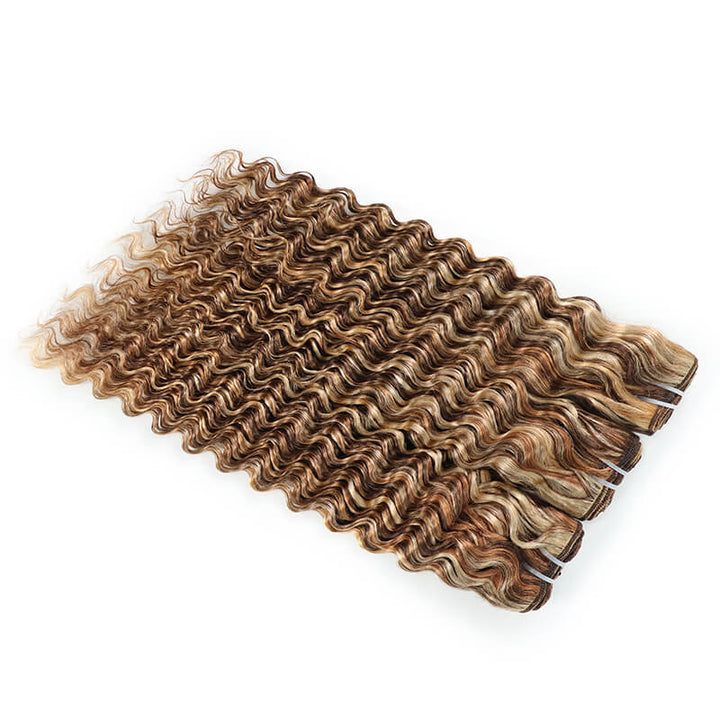 3Bundles P4/27/613 Mix Brown Highlight Deep Wave Human Hair Extension 100% Brazilian Virgin Remy Hair Weft-RhisoHair