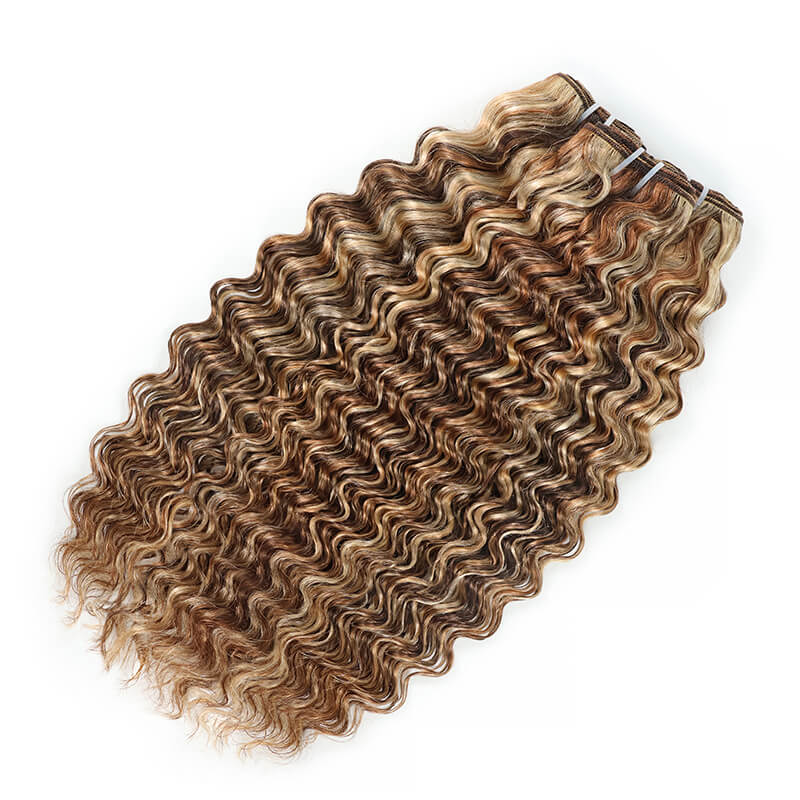 3Bundles P4/27/613 Mix Brown Highlight Deep Wave Human Hair Extension 100% Brazilian Virgin Remy Hair Weft-RhisoHair