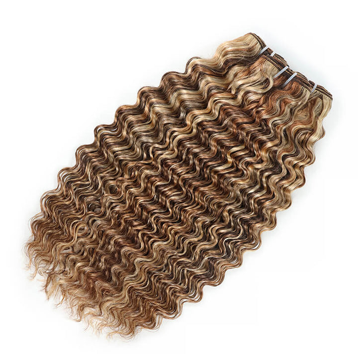 3Bundles P4/27/613 Mix Brown Highlight Deep Wave Human Hair Extension 100% Brazilian Virgin Remy Hair Weft-RhisoHair
