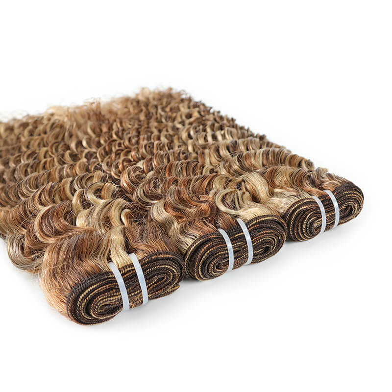 3Bundles P4/27/613 Mix Brown Highlight Deep Wave Human Hair Extension 100% Brazilian Virgin Remy Hair Weft-RhisoHair