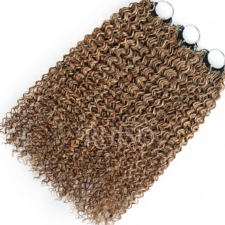 RhisoHair P4/27/30 Mix Brown Highlight Jerry Curly Crochet Hair Machine Made Feather Human Hair Extension