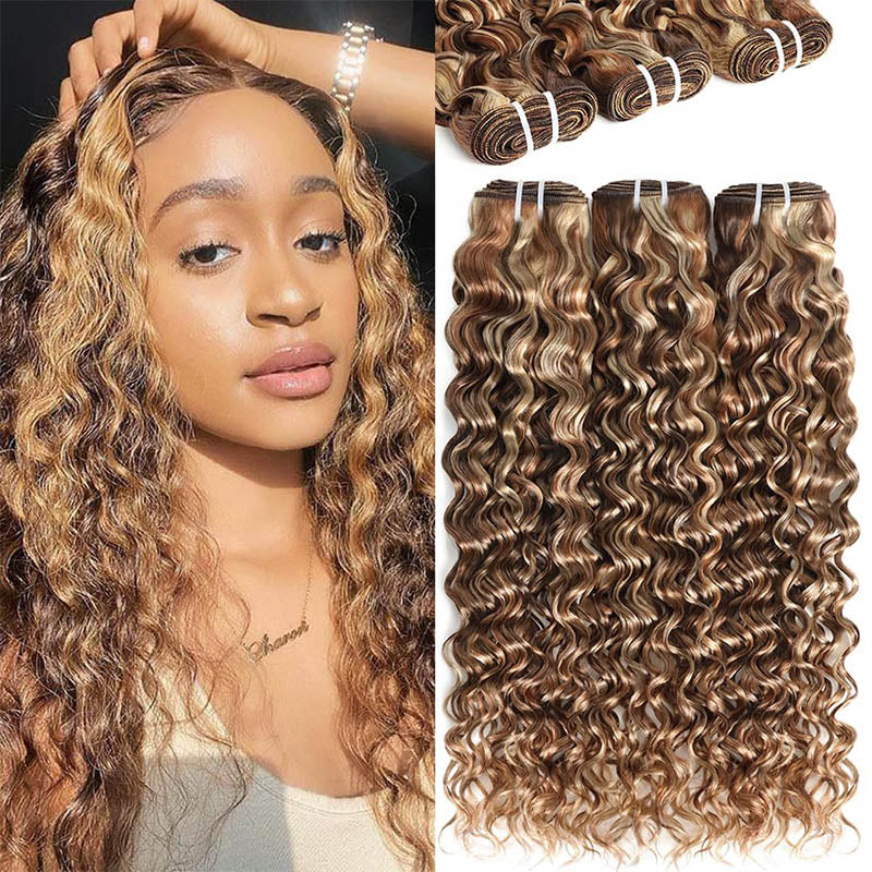RhisoHair Water Wave 3Bundles P4/27/613 Mix Brown Highlight Human Hair 100% Brazilian Virgin Remy Hair Weft