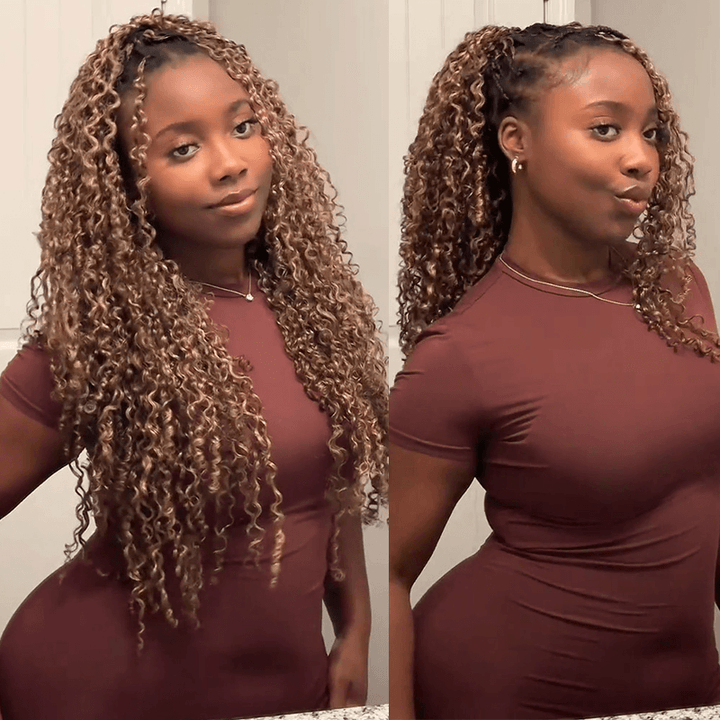 RhisoHair P4/27/613 Honey Blonde Highlight Burmese Curly Crochet Hair Machine Made Feather Human Hair Extension