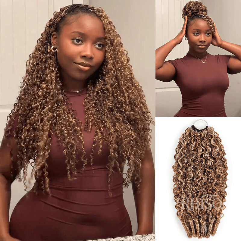RhisoHair P4/27/613 Honey Blonde Highlight Burmese Curly Crochet Hair Machine Made Feather Human Hair Extension
