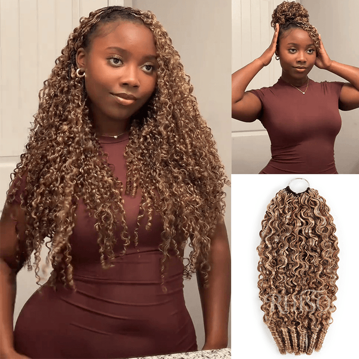 RhisoHair P4/27/613 Honey Blonde Highlight Burmese Curly Crochet Hair Machine Made Feather Human Hair Extension