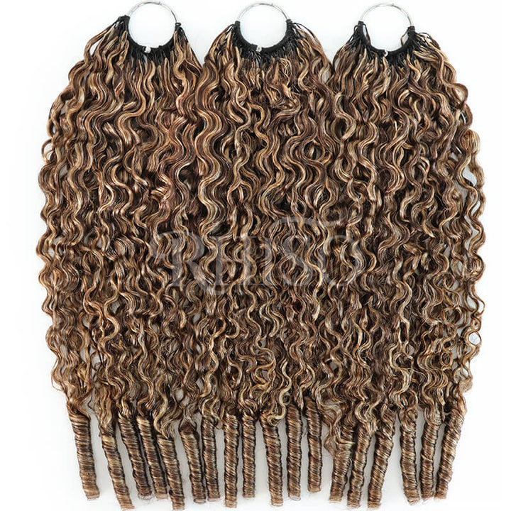 RhisoHair P4/27 Honey Blonde Highlight Burmese Curly Crochet Human Hair Miracle Knots Feather Crochet Human Hair Extension