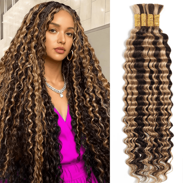 Flash Sale No Code: 3Packs P4/27 Piano Highlight Bulk Human Hair For Braiding Deep Curly Wave Hair Bundles for Boho Braids