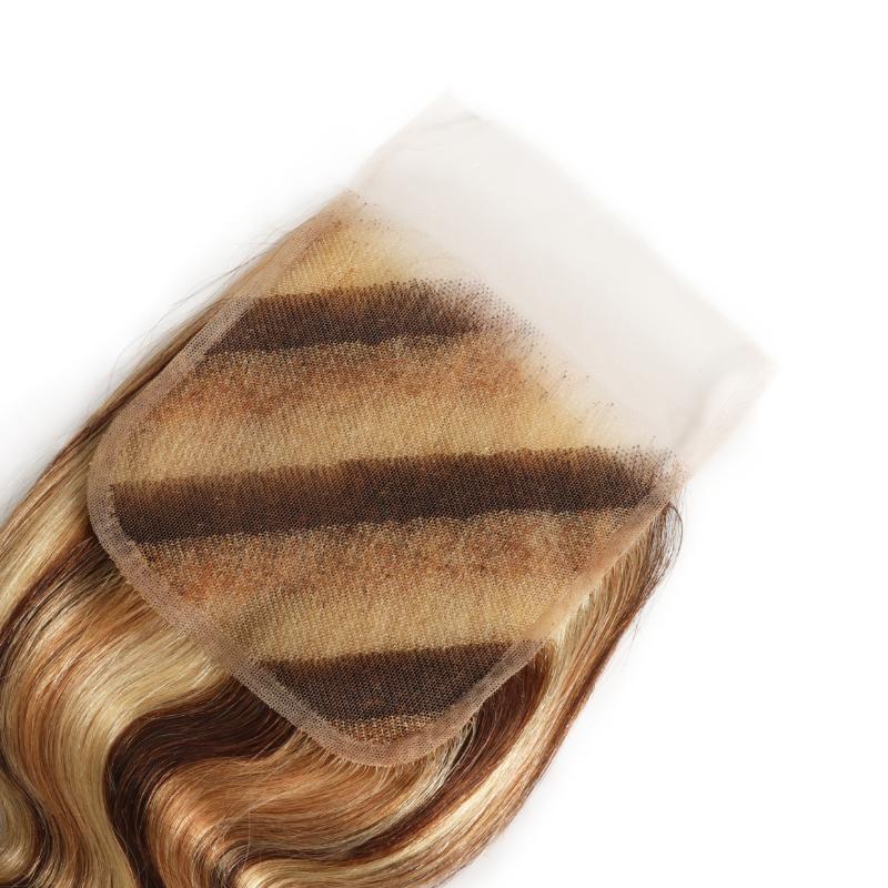 RhisoHair Mix Brown P4/27/613 Highlight Body Wave 3 Bundles with 5x5 Lace Closure Virgin Human Hair Bundles Double Weft Honey Blonde Weave for Women