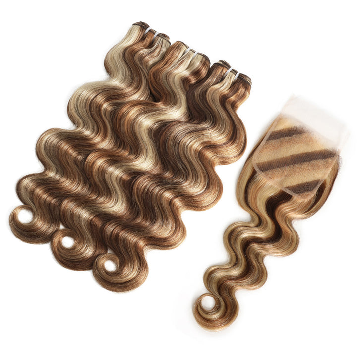RhisoHair Mix Brown P4/27/613 Highlight Body Wave 3 Bundles with 5x5 Lace Closure Virgin Human Hair Bundles Double Weft Honey Blonde Weave for Women