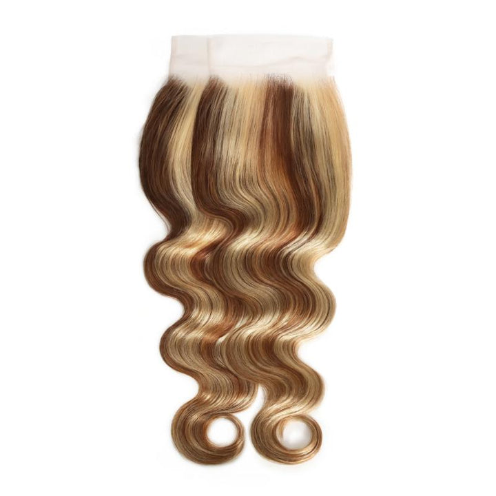 RhisoHair Mix Brown P4/27/613 Highlight Body Wave 3 Bundles with 5x5 Lace Closure Virgin Human Hair Bundles Double Weft Honey Blonde Weave for Women