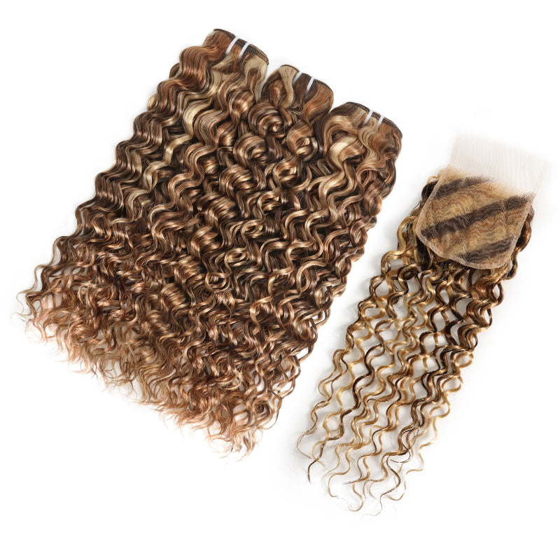 RhisoHair Mix Brown P4/27/613 Highlight Water Wave 3 Bundles with 5x5 Lace Closure Virgin Human Hair Bundles Double Weft Honey Blonde Weave for Women