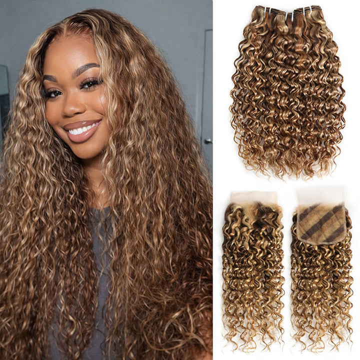 RhisoHair Mix Brown P4/27/613 Highlight Water Wave 3 Bundles with 5x5 Lace Closure Virgin Human Hair Bundles Double Weft Honey Blonde Weave for Women