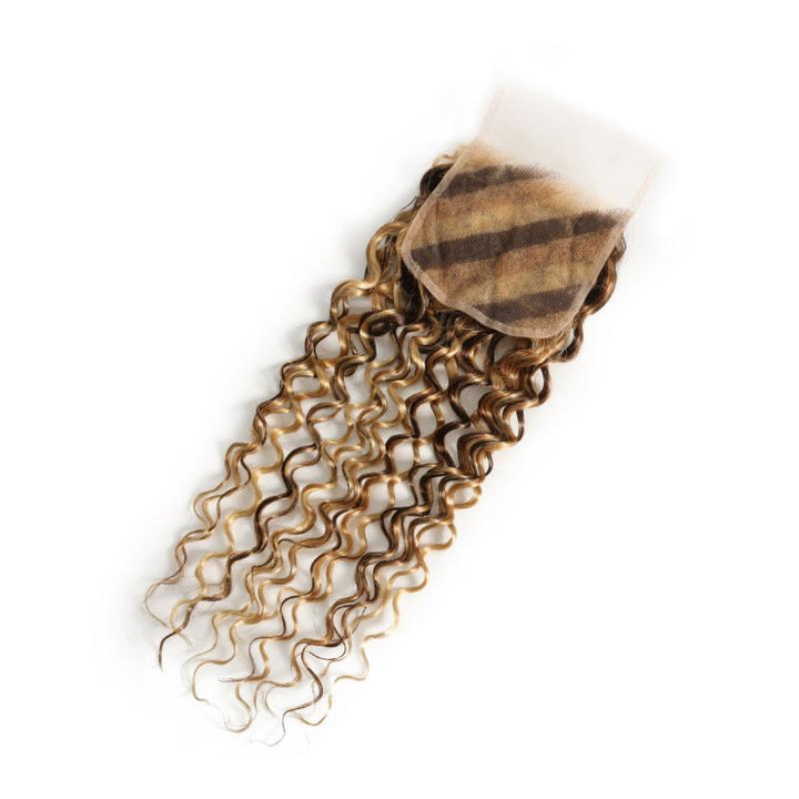 RhisoHair Mix Brown P4/27/613 Highlight Water Wave 3 Bundles with 5x5 Lace Closure Virgin Human Hair Bundles Double Weft Honey Blonde Weave for Women