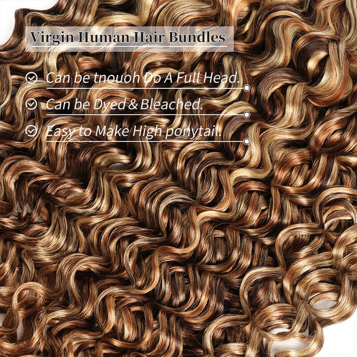 RhisoHair Mix Brown P4/27/613 Highlight Water Wave 3 Bundles with 5x5 Lace Closure Virgin Human Hair Bundles Double Weft Honey Blonde Weave for Women