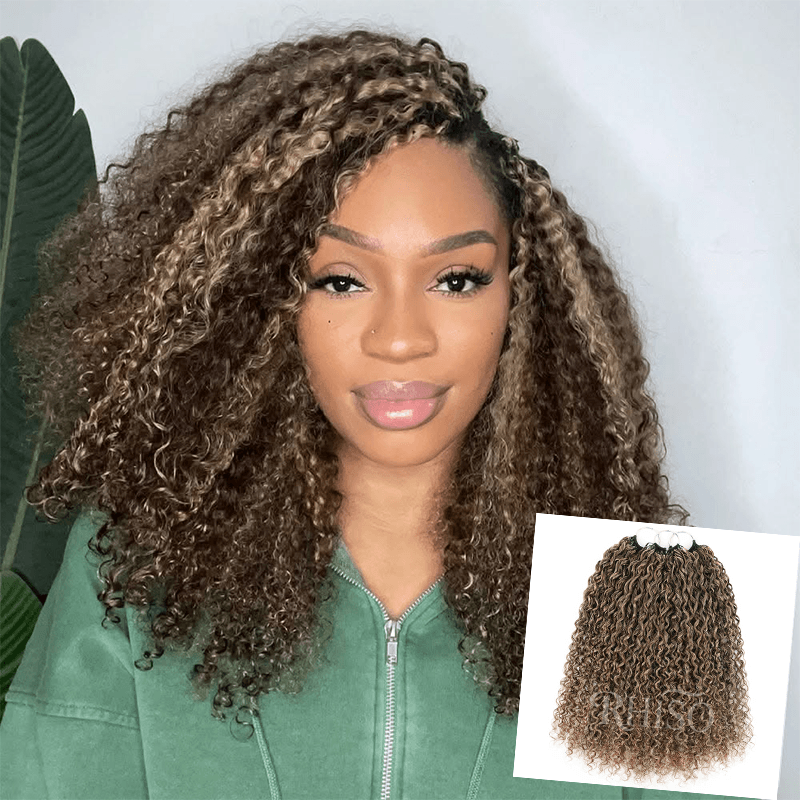 RhisoHair P4/27 Ash Blonde Highlight Pixie Curly Crochet Human Hair for Braiding No Weft Boho Braids Extensions