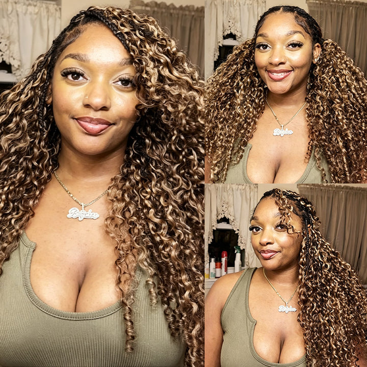 RhisoHair P4/27 Honey Blonde Highlight Burmese Curly Crochet Hair Machine Made Feather Human Hair Extension