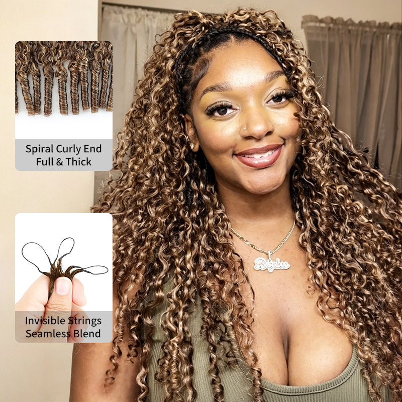 RhisoHair P4/27 Honey Blonde Highlight Burmese Curly Crochet Hair Machine Made Feather Human Hair Extension