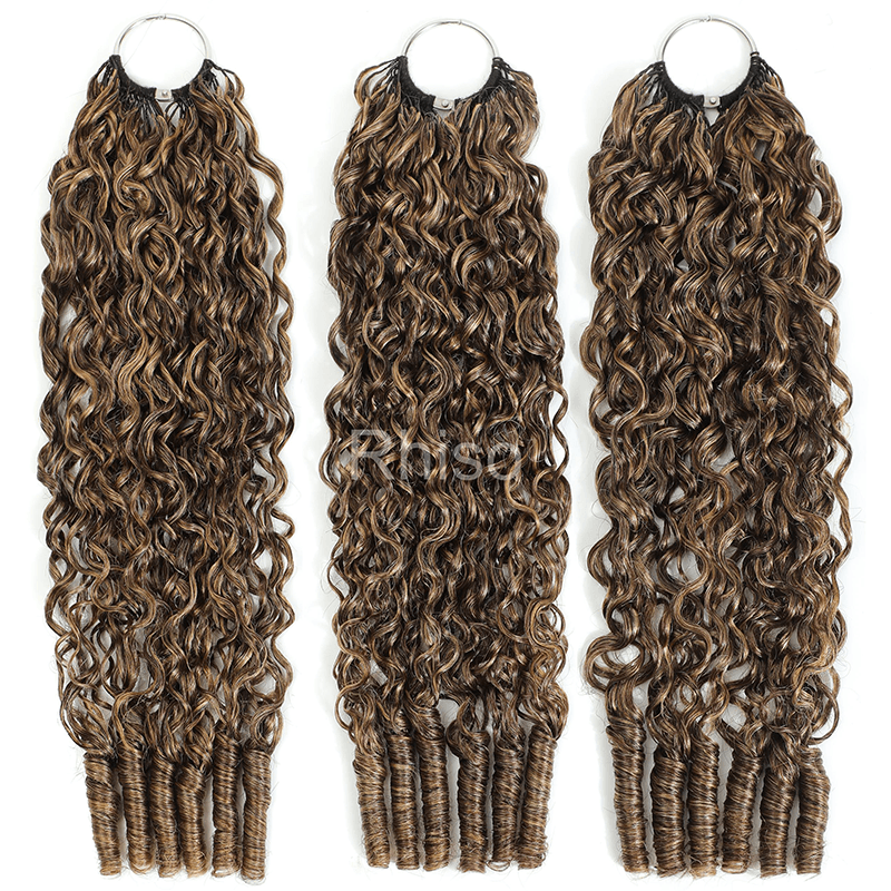 RhisoHair P4/27 Honey Blonde Highlight Burmese Curly Crochet Hair Machine Made Feather Human Hair Extension