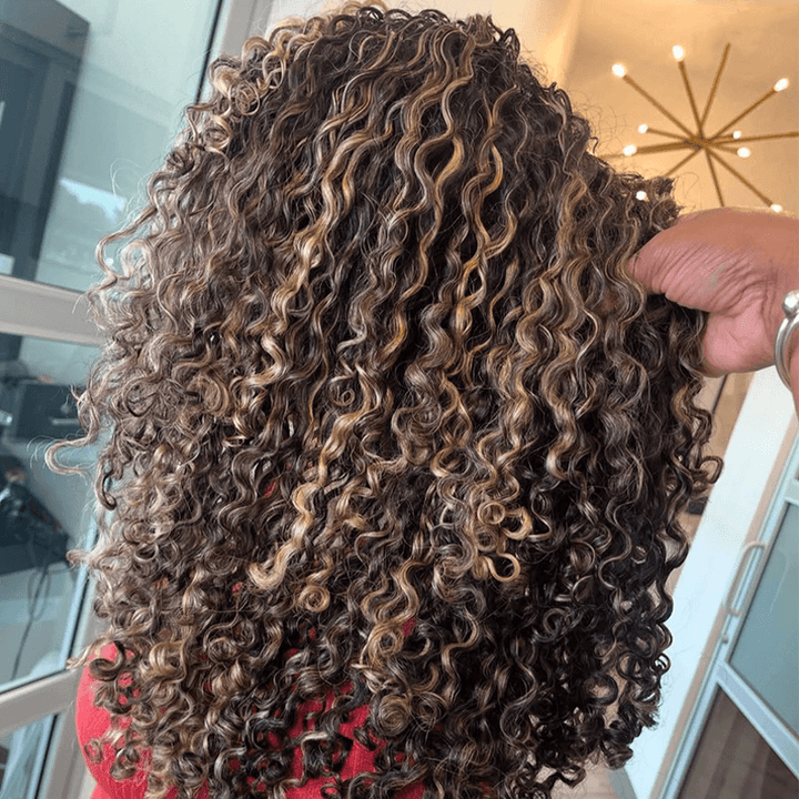RhisoHair P4/27 Honey Blonde Highlight Jerry Curly Crochet Hair Machine Made Feather Human Hair Extension