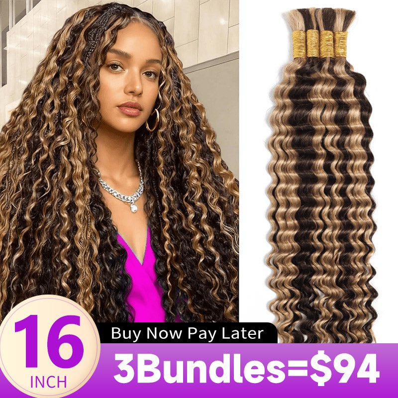 3Packs P4/27 Piano Highlight Bulk Human Hair For Braiding Deep Curly Wave Hair Bundles for Boho Braids