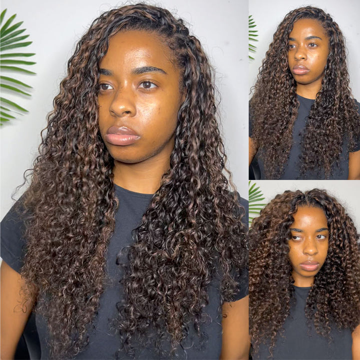 RhisoHair 3Packs #4 Chocolate Brown With 2Packs Natural Black Jerry Curly Honey Blonde Highlight Crochet Hair Machine Made Feather Human Hair Extension