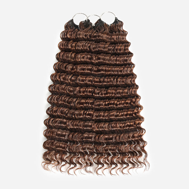 RhisoHair 3Packs #4 Chocolate Brown With 2Packs Natural Black Deep Wave Honey Blonde Highlight Crochet Hair Machine Made Feather Human Hair Extension