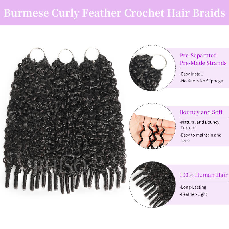 RhisoHair 3Packs Natural Black With 2Packs #4 Chocolate Brown Burmese Curly Honey Blonde Highlight Crochet Hair Machine Made Feather Human Hair Extension