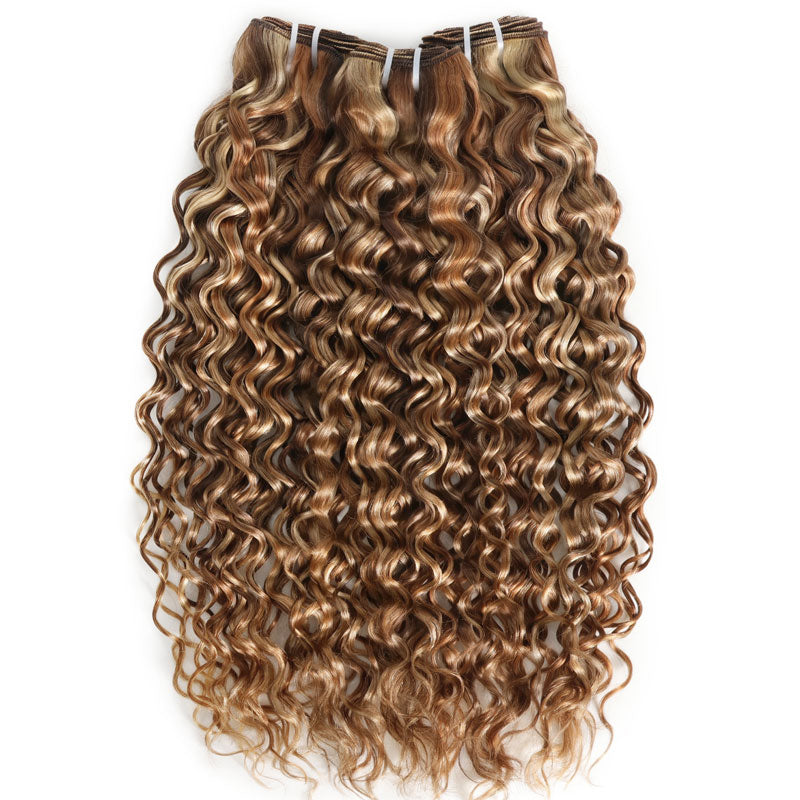 RhisoHair Mix Brown P4/27/613 Highlight Water Wave 3 Bundles with 5x5 Lace Closure Virgin Human Hair Bundles Double Weft Honey Blonde Weave for Women