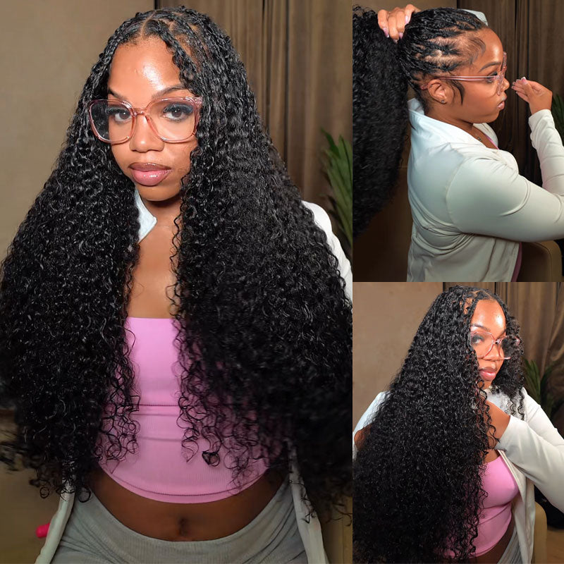 Jerry Curly 3-in-1 Flip Over Glueless Half Wig with Drawstring & 2 Packs Crochet Feather Human Hair Extensions-RhisoHair