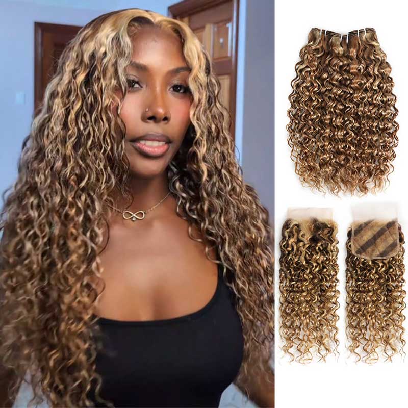 RhisoHair Mix Brown P4/27/613 Highlight Water Wave 3 Bundles with 5x5 Lace Closure Virgin Human Hair Bundles Double Weft Honey Blonde Weave for Women